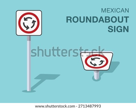 Traffic regulation rules. Isolated mexican "roundabout" road sign. Front and top view. Flat vector illustration template.
