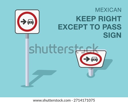 Traffic regulation rules. Isolated mexican "keep right except to pass" road sign. Front and top view. Flat vector illustration template.