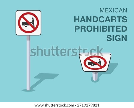 Traffic regulation rules. Isolated mexican "handcrafts prohibited" road sign. Front and top view. Flat vector illustration template.