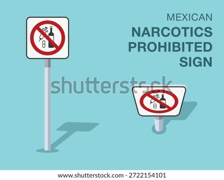 Traffic regulation rules. Isolated mexican "narcotics prohibited" road sign. Front and top view. Flat vector illustration template.