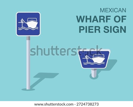 Traffic regulation rules. Isolated mexican "wharf of pier" road sign. Front and top view. Flat vector illustration template.