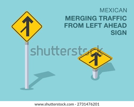 Traffic regulation rules. Isolated mexican "merging traffic from left ahead" road sign. Front and top view. Flat vector illustration template.