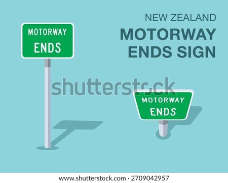 Traffic regulation rules. Isolated New Zealand "motorway ends" road sign. Front and top view. Flat vector illustration template.