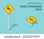 Traffic regulation rules. Isolated United States deer crossing sign. Front and top view. Flat vector illustration template.