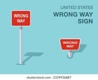 Traffic regulation rules. Isolated United States wrong way sign. Front and top view. Flat vector illustration template.