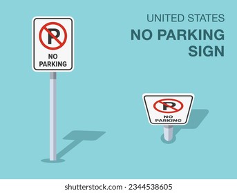 Traffic regulation rules. Isolated United States no parking sign. Front and top view. Flat vector illustration template.