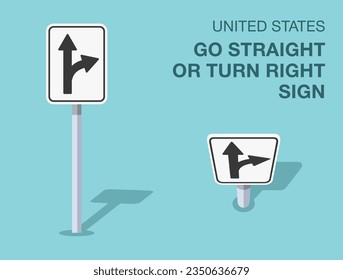 Traffic regulation rules. Isolated United States go straight or turn right sign. Front and top view. Flat vector illustration template.