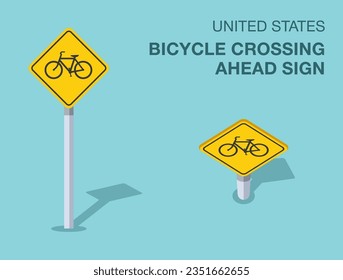 Normas de regulación del tráfico. Aviso aislado de los Estados Unidos sobre el paso de la bicicleta. Vista frontal y superior. Plantilla de ilustración vectorial plana.