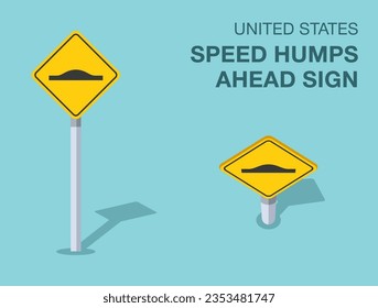Normas de regulación del tráfico. Estados Unidos, aislado, se lanza con la velocidad de los golpes de frente. Vista frontal y superior. Plantilla de ilustración vectorial plana.