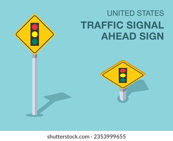 Normas de regulación del tráfico. Señal de tráfico de Estados Unidos aislada por delante. Vista frontal y superior. Plantilla de ilustración vectorial plana.