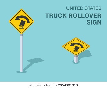 Traffic regulation rules. Isolated United States truck rollover sign. Front and top view. Flat vector illustration template.