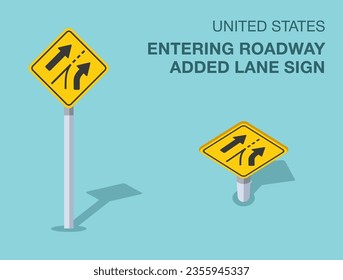 Traffic regulation rules. Isolated United States entering roadway added lane sign. Front and top view. Flat vector illustration template.