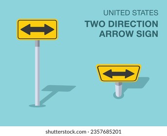 Normas de regulación del tráfico. Señal de flecha de dos direcciones aislada de Estados Unidos. Vista frontal y superior. Plantilla de ilustración vectorial plana.