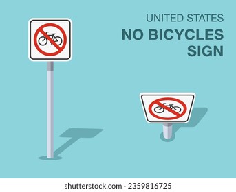 Traffic regulation rules. Isolated United States no bicycles sign. Front and top view. Flat vector illustration template.
