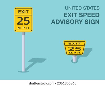 Traffic regulation rules. Isolated United States exit speed advisory sign. Front and top view. Flat vector illustration template.