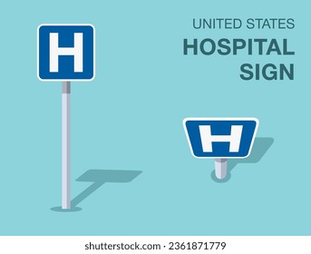 Traffic regulation rules. Isolated United States hospital sign. Front and top view. Flat vector illustration template.