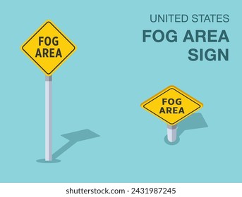 Traffic regulation rules. Isolated United States fog area road sign. Front and top view. Flat vector illustration template.