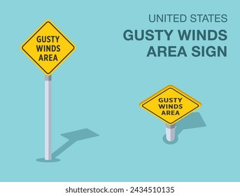 Traffic regulation rules. Isolated United States gusty winds area road sign. Front and top view. Flat vector illustration template.