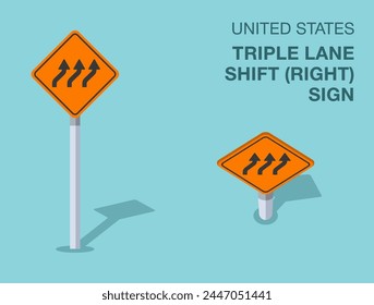 Traffic regulation rules. Isolated United States "triple lane shift to right" sign. Front and top view. Flat vector illustration template.