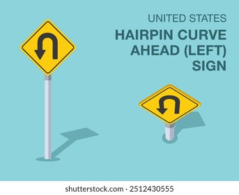 Traffic regulation rules. Isolated United States "hairpin curve ahead, left" road sign. Front and top view. Flat vector illustration template.