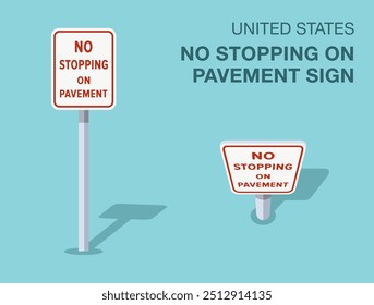 Regras de regulação do tráfego. Símbolo rodoviário isolado dos Estados Unidos "no stop on pavement". Vista frontal e superior. Modelo de ilustração de vetor plano.