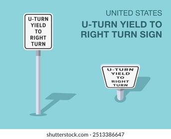 Traffic regulation rules. Isolated United States "u-turn yield to right turn" road sign. Front and top view. Flat vector illustration template.