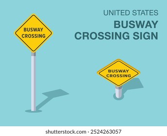Regras de regulação do tráfego. Símbolo rodoviário isolado de "busway cross" dos Estados Unidos. Vista frontal e superior. Modelo de ilustração de vetor plano.