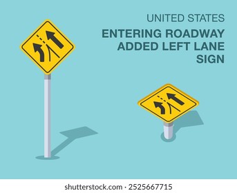 Regras de regulação do tráfego. Sinal de estrada isolado dos Estados Unidos "entrando na estrada, adicionada na pista esquerda". Vista frontal e superior. Modelo de ilustração de vetor plano.