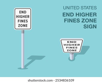 Normas de regulación del tráfico. Aislado de Estados Unidos "poner fin a las multas más altas" señal de tráfico. Vista frontal y superior. Plantilla de Ilustración vectorial plana.