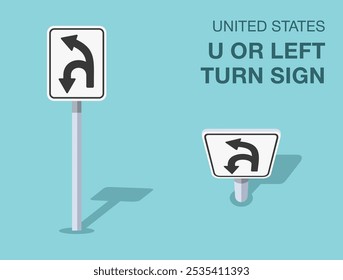 Regras de regulação do tráfego. Símbolo rodoviário isolado "u or left turn" dos Estados Unidos. Vista frontal e superior. Modelo de ilustração de vetor plano.