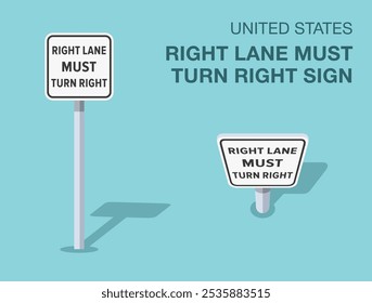 Vorschriften zur Verkehrsregelung. Isolierte USA "rechts Spur muss rechts abbiegen" Straßenschild. Vorder- und Draufsicht. Flache Vektorgrafik-Vorlage.