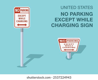 Traffic regulation rules. Isolated United States "no parking except while charging" road sign. Front and top view. Flat vector illustration template.