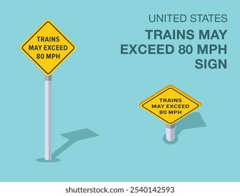 Traffic regulation rules. Isolated United States "trains may exceed 80 mph" road sign. Front and top view. Flat vector illustration template.