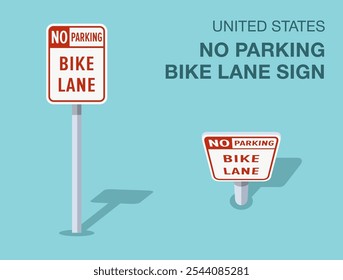 Traffic regulation rules. Isolated United States "no parking, bike lane" road sign. Front and top view. Flat vector illustration template.