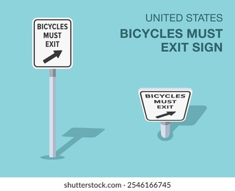 Traffic regulation rules. Isolated United States "bicycles must exit" road sign. Front and top view. Flat vector illustration template.