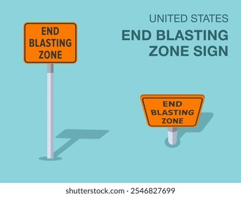 Regras de regulação do tráfego. Símbolo rodoviário isolado de "end blasting zone" dos Estados Unidos. Vista frontal e superior. Modelo de ilustração de vetor plano.