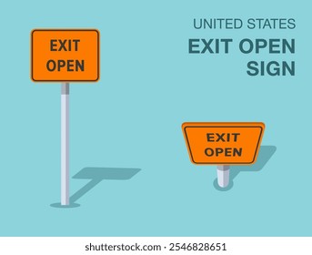 Traffic regulation rules. Isolated United States "exit open" road sign. Front and top view. Flat vector illustration template.