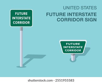 Regras de regulação do tráfego. Símbolo rodoviário isolado de "futuro corredor interestadual" dos Estados Unidos. Vista frontal e superior. Modelo de ilustração de vetor plano.