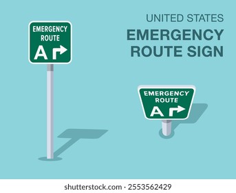 Traffic regulation rules. Isolated United States "emergency route" road sign. Front and top view. Flat vector illustration template.