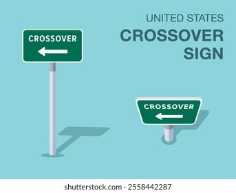 Traffic regulation rules. Isolated United States "crossover" road sign. Front and top view. Flat vector illustration template.