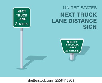 Traffic regulation rules. Isolated United States "next truck lane distance" road sign. Front and top view. Flat vector illustration template.