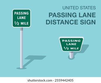 Traffic regulation rules. Isolated United States 'passing lane distance' road sign. Front and top view. Flat vector illustration template.