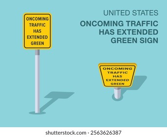 Traffic regulation rules. Isolated United States "oncoming traffic has extended green" road sign. Front and top view. Flat vector illustration template.