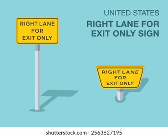 Traffic regulation rules. Isolated United States "right lane for exit only" road sign. Front and top view. Flat vector illustration template.