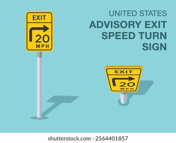 Traffic regulation rules. Isolated United States "advisory exit speed turn" road sign. Front and top view. Flat vector illustration template.