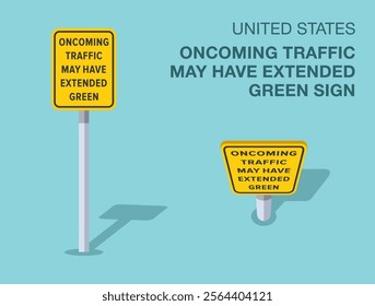 Traffic regulation rules. Isolated United States "oncoming traffic may have extended green" road sign. Front and top view. Flat vector illustration template.