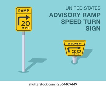 Traffic regulation rules. Isolated United States "advisory ramp speed turn" road sign. Front and top view. Flat vector illustration template.