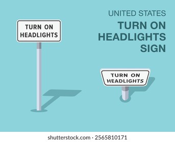 Traffic regulation rules. Isolated United States "turn on headlights" road sign. Front and top view. Flat vector illustration template.