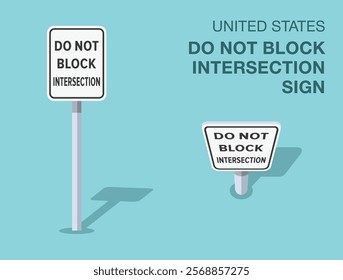 Traffic regulation rules. Isolated United States "do not block intersection" road sign. Front and top view. Flat vector illustration template.