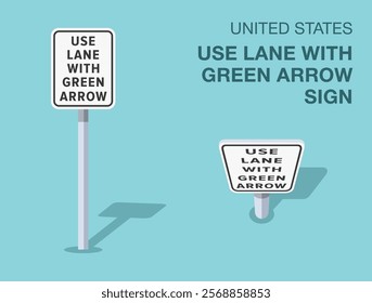 Traffic regulation rules. Isolated United States "use lane with green arrow" road sign. Front and top view. Flat vector illustration template.